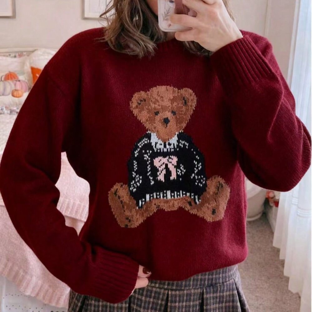 Burgundy Casual Women's Bear Pattern Knit Pullover Sweater - Picture 5 of 5